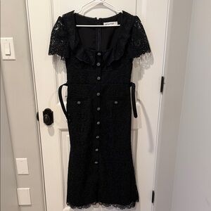Self-Portrait Black Lace Ruffle-Trim Midi Dress